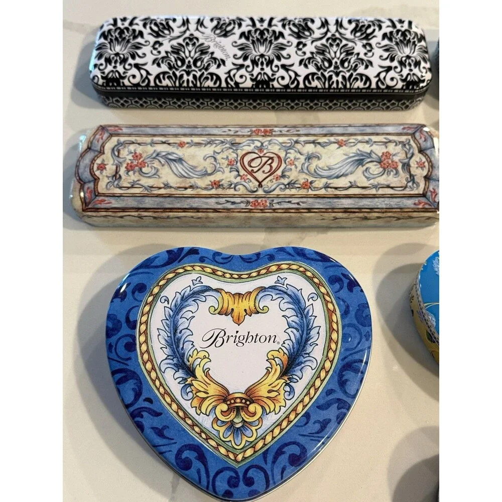 Brighton heart shape & rectangular EMPTY tin metal jewelry containers, lot of 8